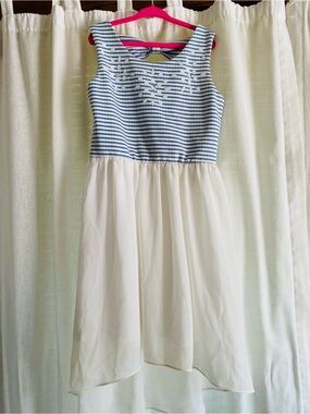 Iz Byer Blue & White Striped Bodice with White High-Low Skirt Dress